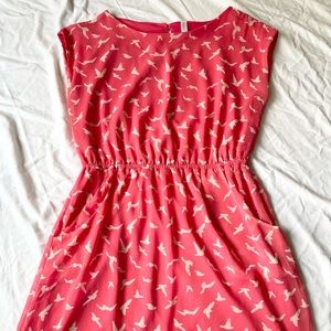 Coral Cap Sleeve Dress with Bird Pattern